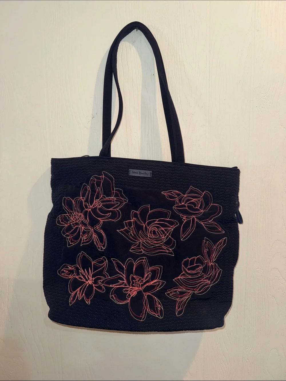 Vera Bradley Black Tote with Pink Floral Stitching